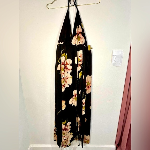 Boho Floral Halter Maxi Dress Small Black Pink Tie Back Lightweight Vacation - Picture 3 of 12